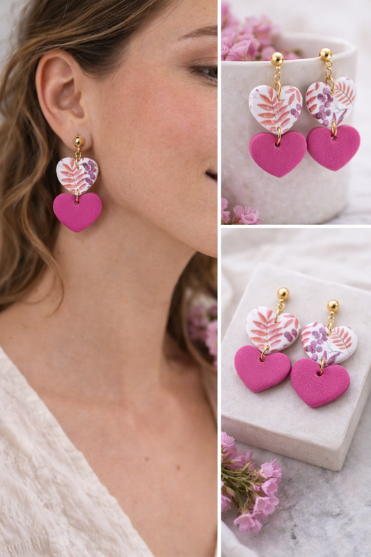 Kleine Herz Statement Ohrringe Pink Weiß – Handgemachter Polymer Clay Schmuck Clayjex
