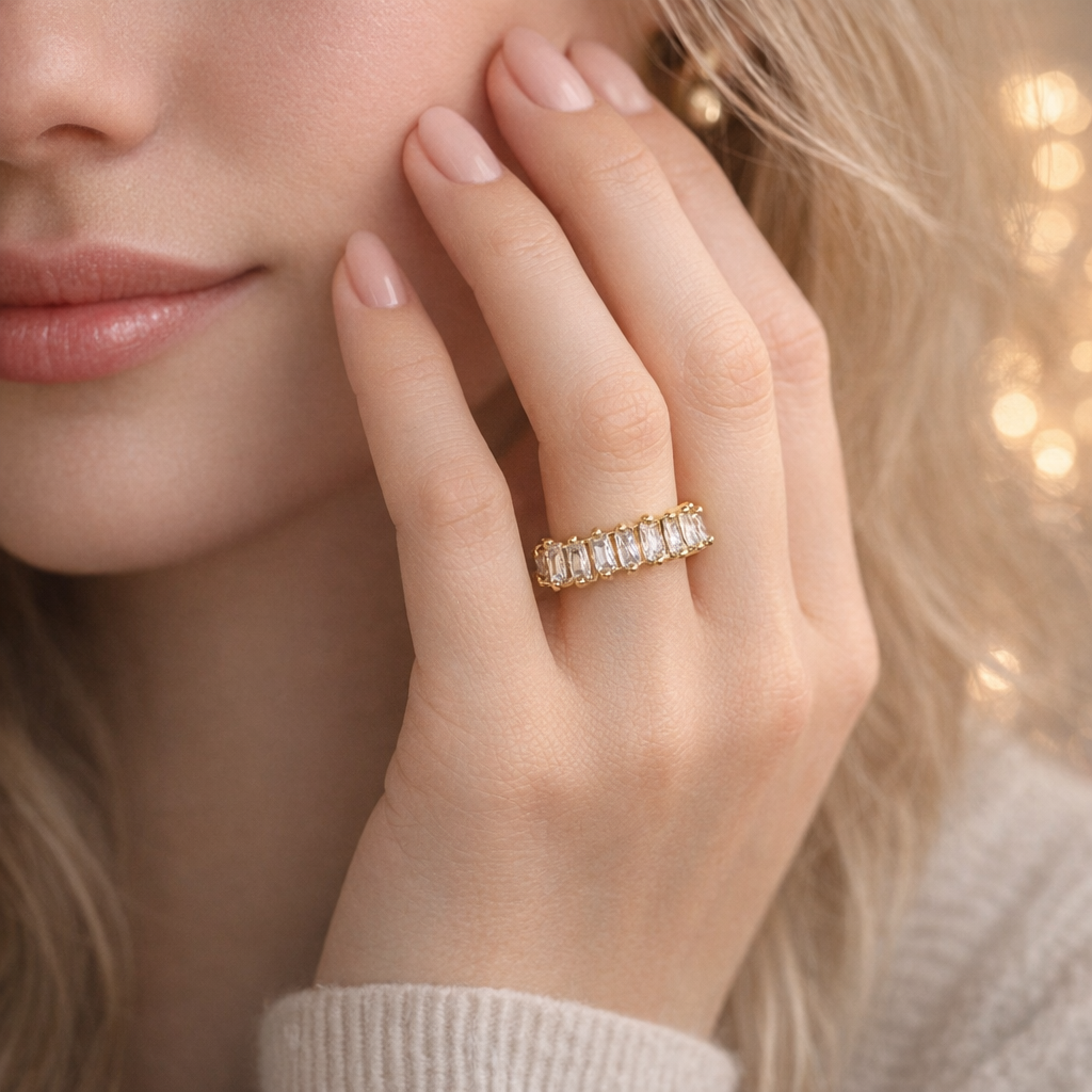 Goldener Zirkonia-Ring im Baguette-Schliff – elegant & funkelnd