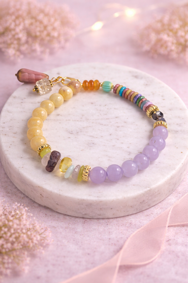 Handgemachtes buntes Perlenarmband mit Glas- und Steinperlen sowie dekorativem Glasanhänger