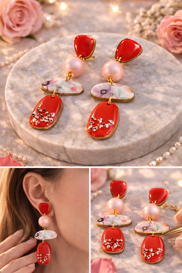 Elegante Statement Ohrringe mit Perle – Rot | Handgemachter Design Schmuck Clayjex