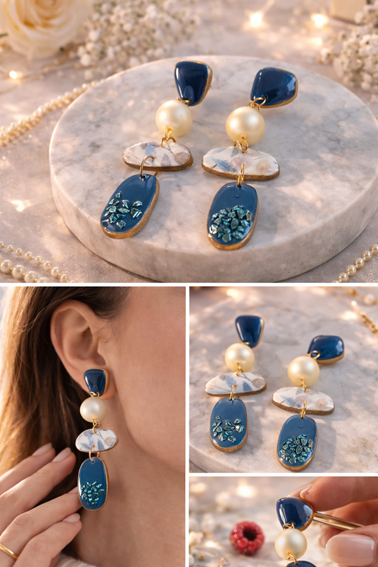 Elegante Statement Ohrringe mit Perle – Blau | Handgemachter Design Schmuck Clayjex