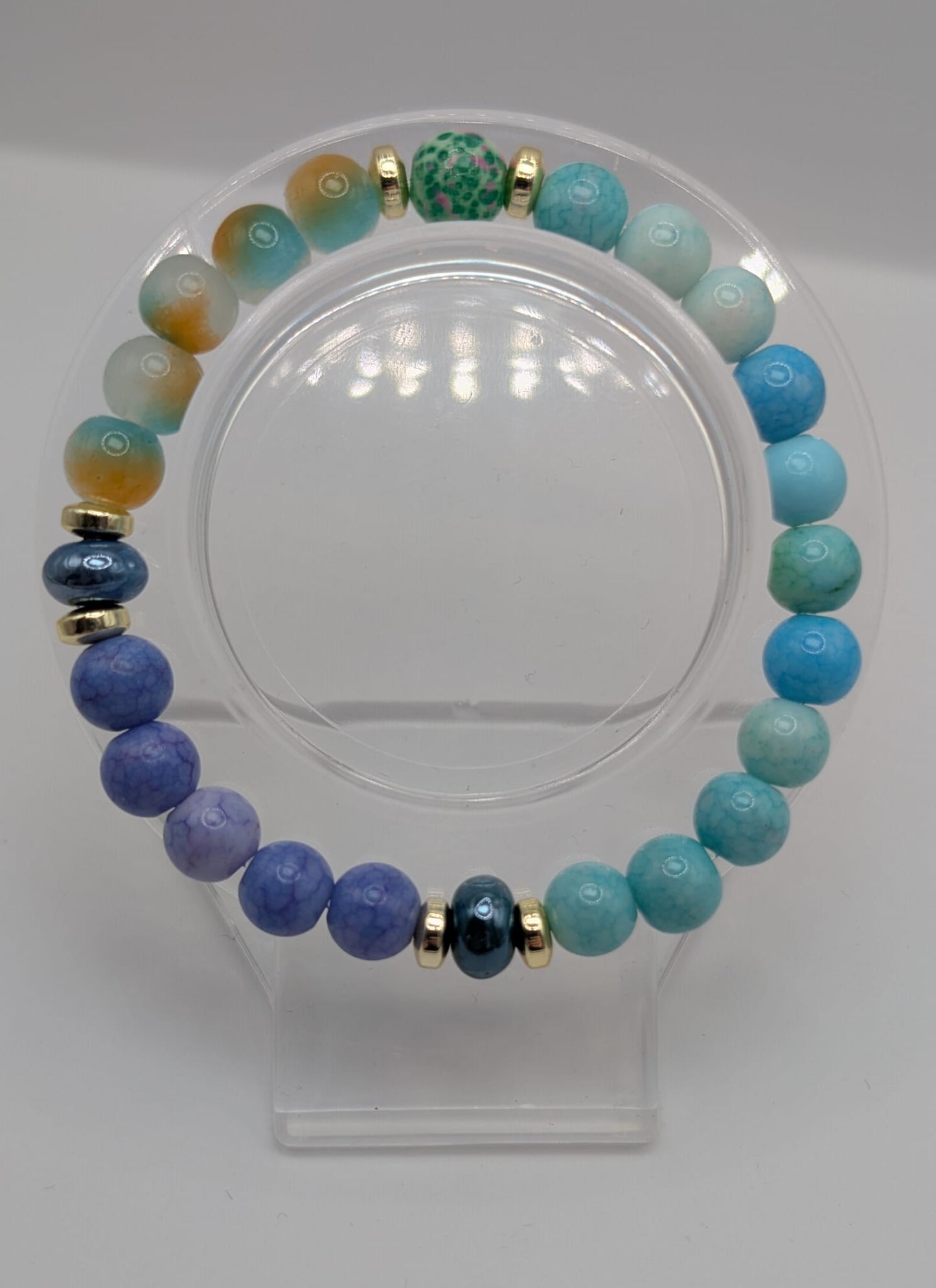 Handgemachtes Armband in Blau, Türkis & Orange