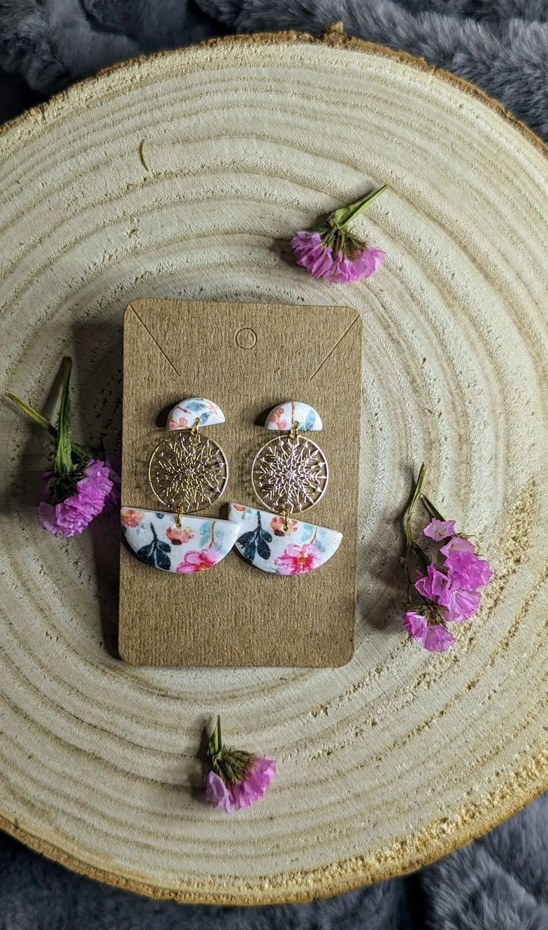 Blumige Polymer Clay Ohrringe Grün/rosa/weiß/Orange/Gold - Clayjex