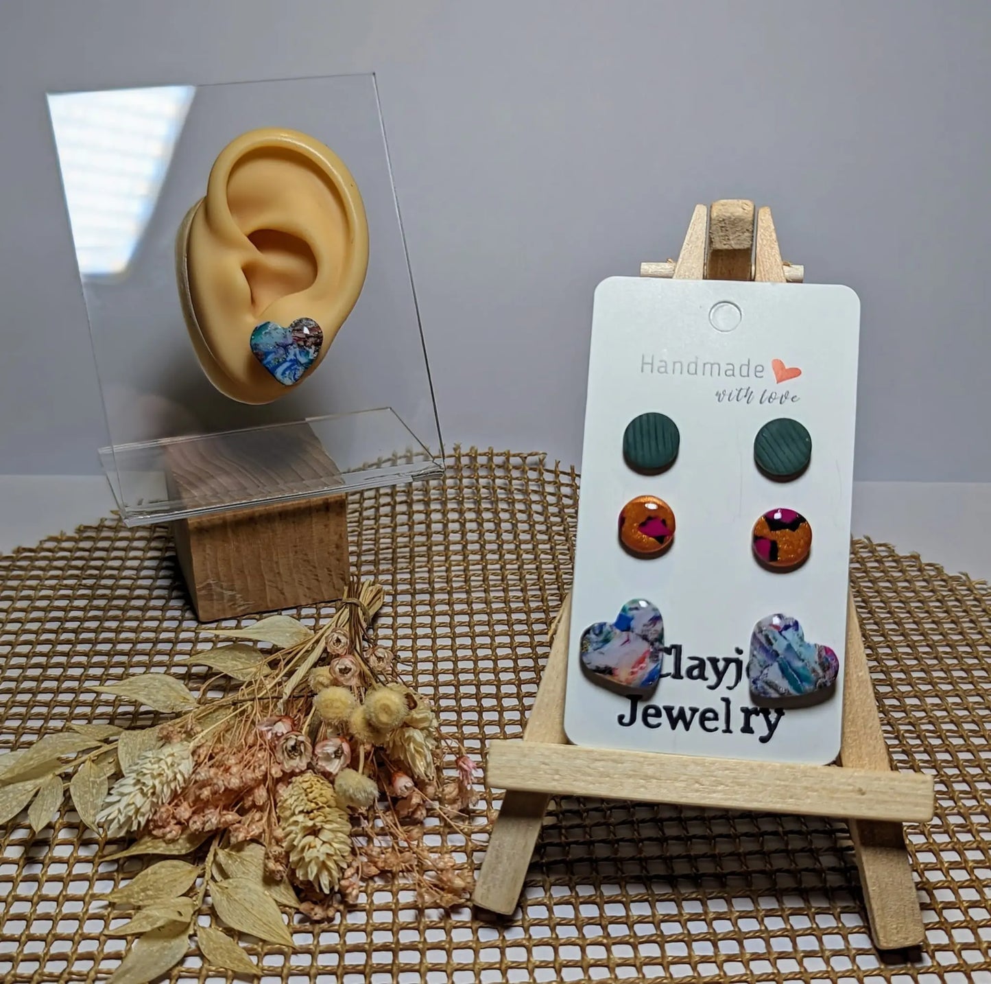 Ohrstecker Herz Mabel, Ovale Leo, Ovale gerippte grüne - Clayjex