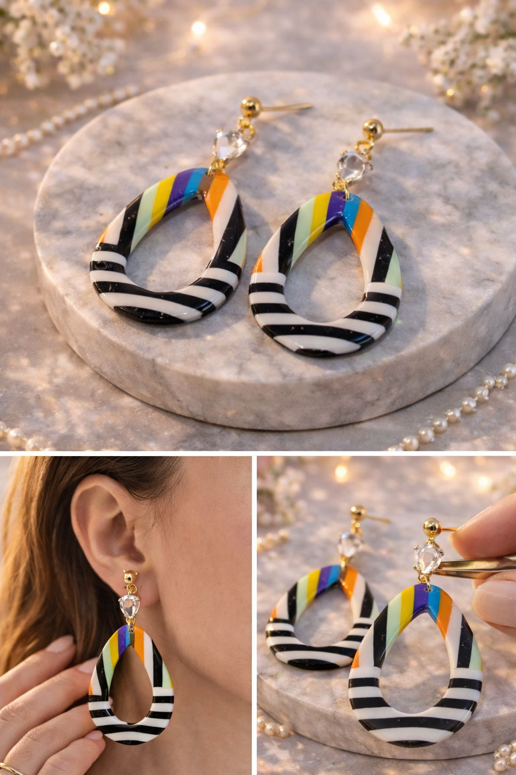 Bunte Statement Ohrringe mit Streifen & Kristall | Handgemachter Design Schmuck