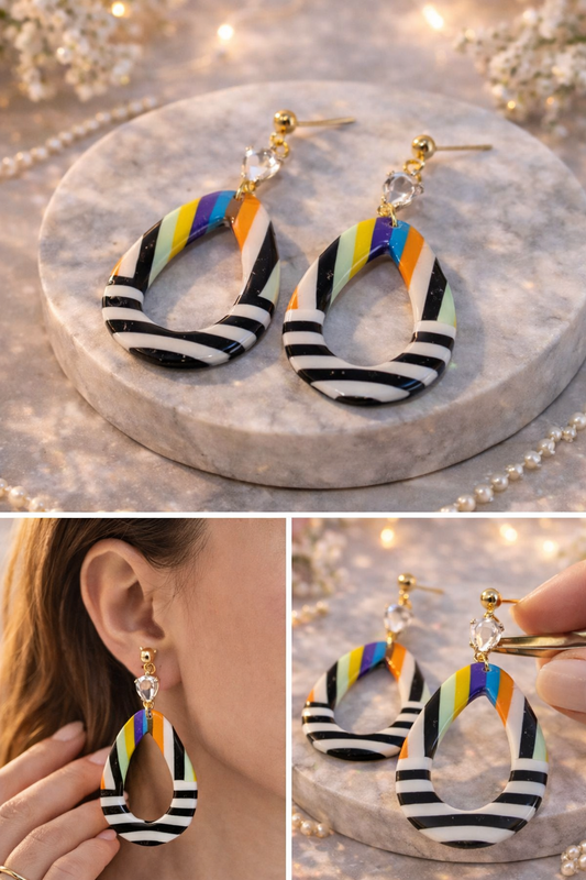 Bunte Statement Ohrringe mit Streifen & Kristall | Handgemachter Design Schmuck