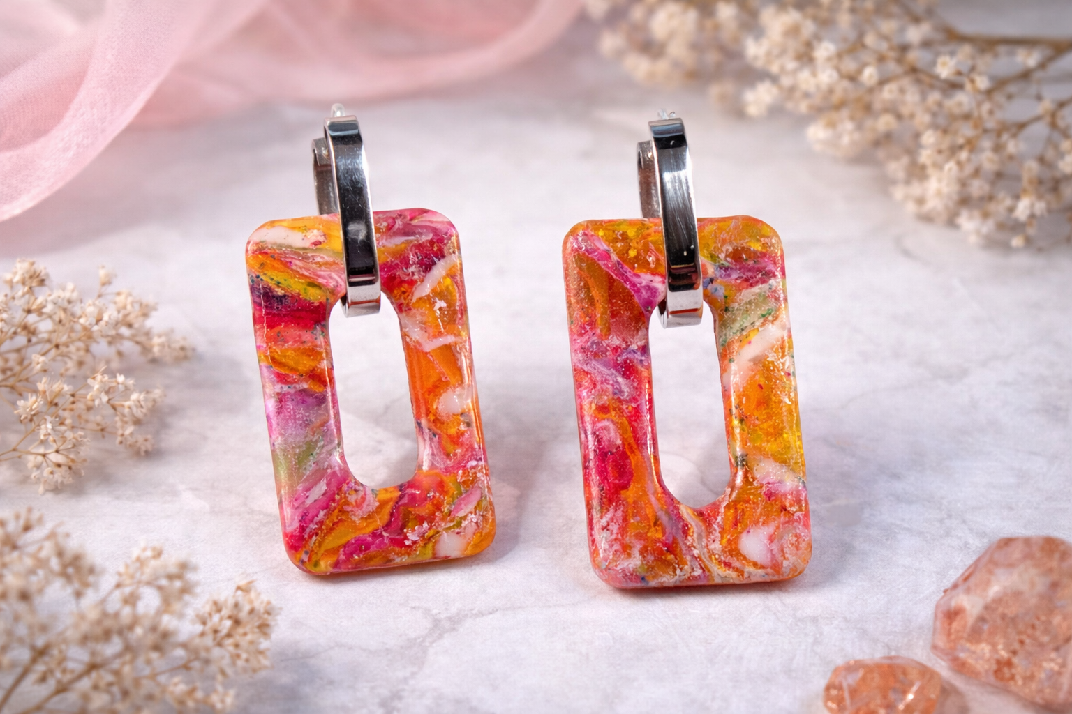 Bunte Polymer Clay Statement Ohrringe – Rechteckige Hänger in Gold oder Silber | Handmade