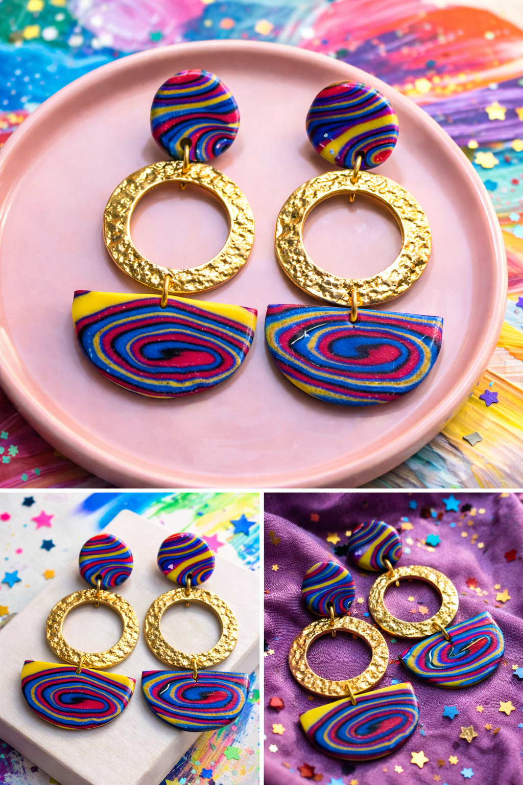 Bunte Statement Ohrringe mit Goldring – Handgemachter Polymer Clay Schmuck