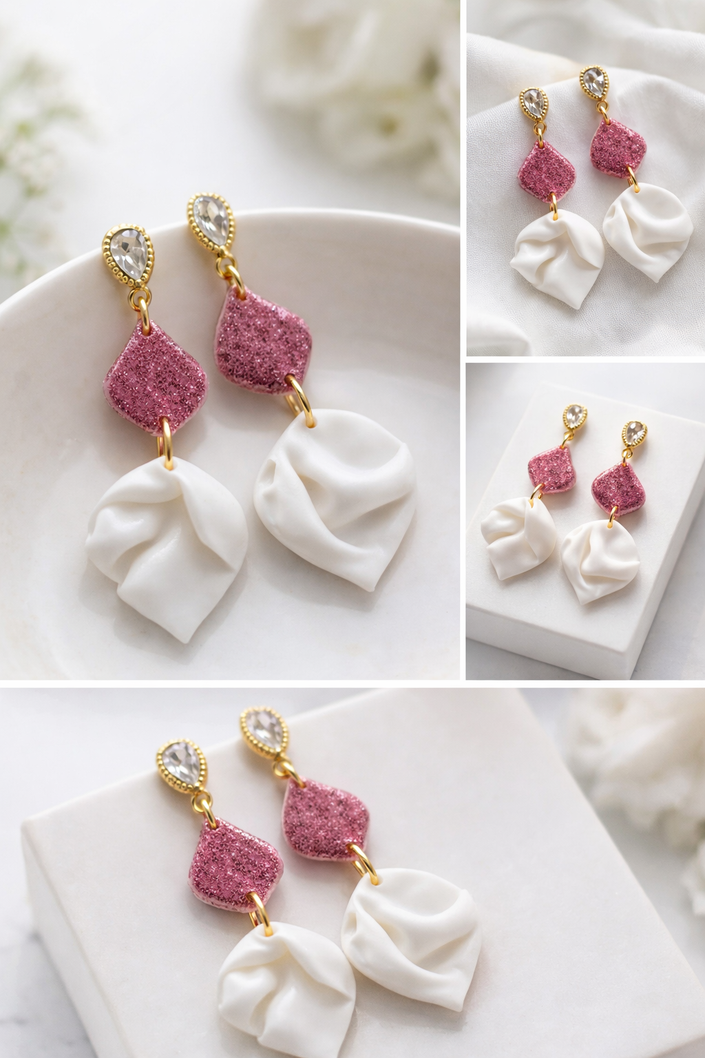 Elegante Statement Ohrringe in Weiß & Rosé – Handgemachter Polymer Clay Schmuck mit Gold Clayjex
