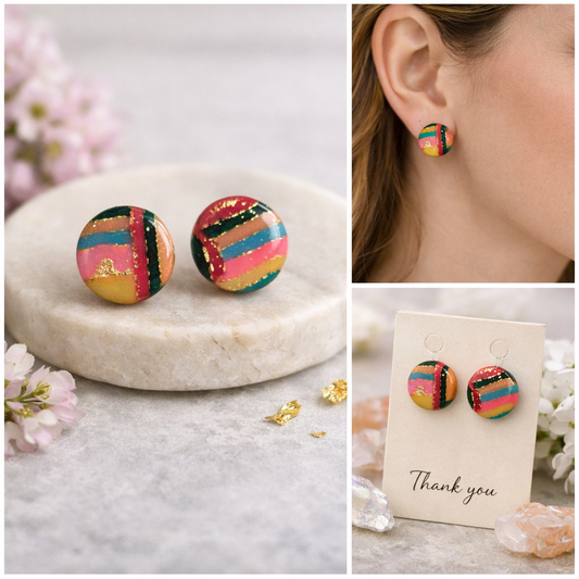 Bunte Polymer Clay Ohrstecker mit Goldakzenten – Handgemachte Statement Ohrringe