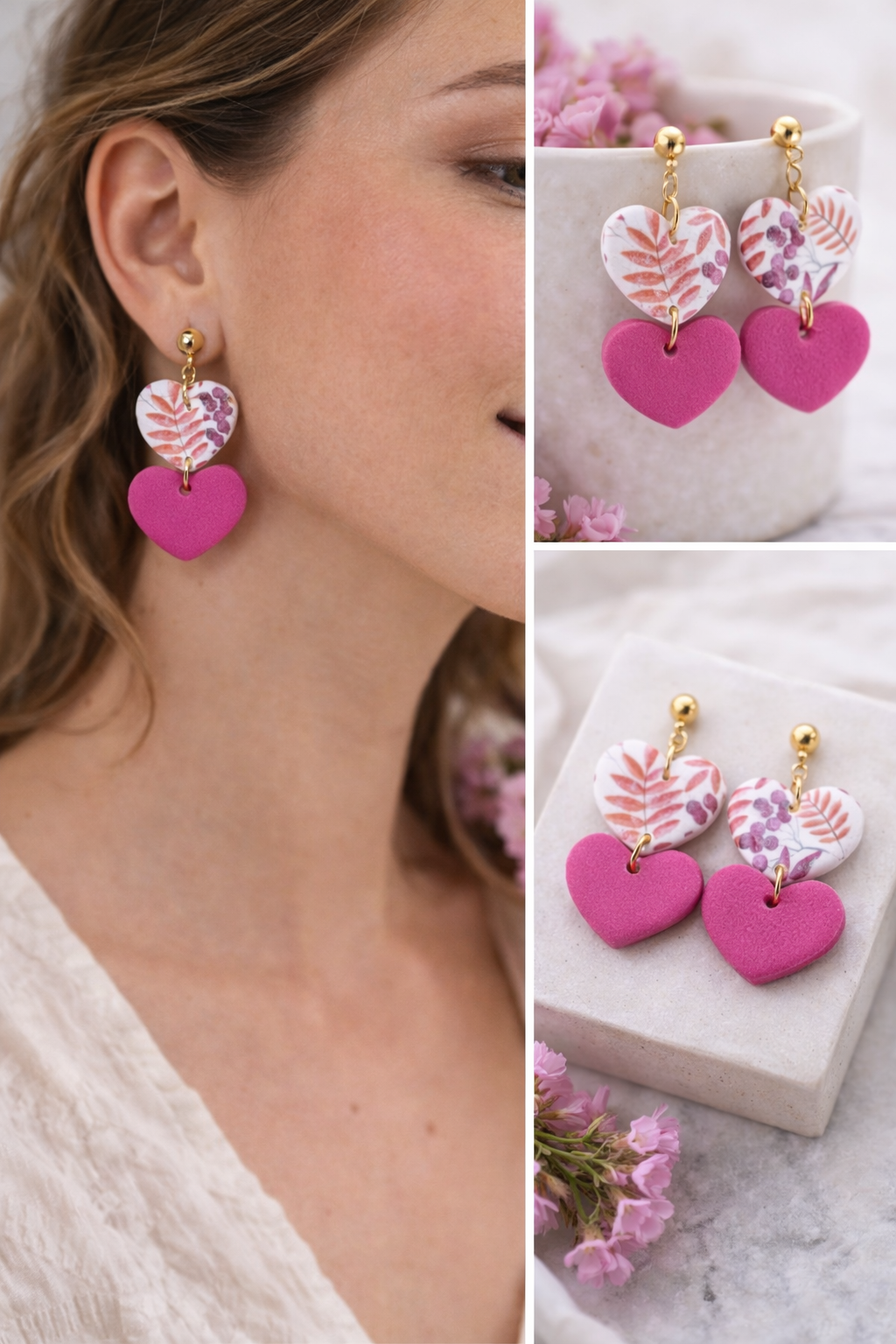 Kleine Herz Statement Ohrringe Pink Weiß – Handgemachter Polymer Clay Schmuck Clayjex