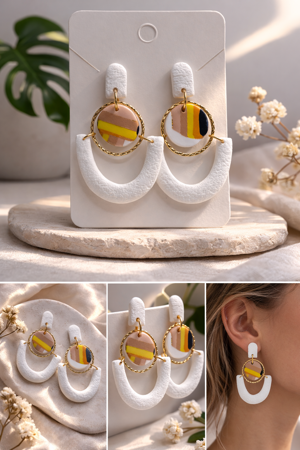 Moderne Statement Ohrringe Weiß Gold – Geometrische Polymer Clay Hänger