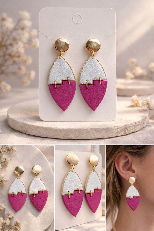 Statement Ohrringe Weiß Pink Gold – Geometrische Hänger aus Polymer Clay Clayjex