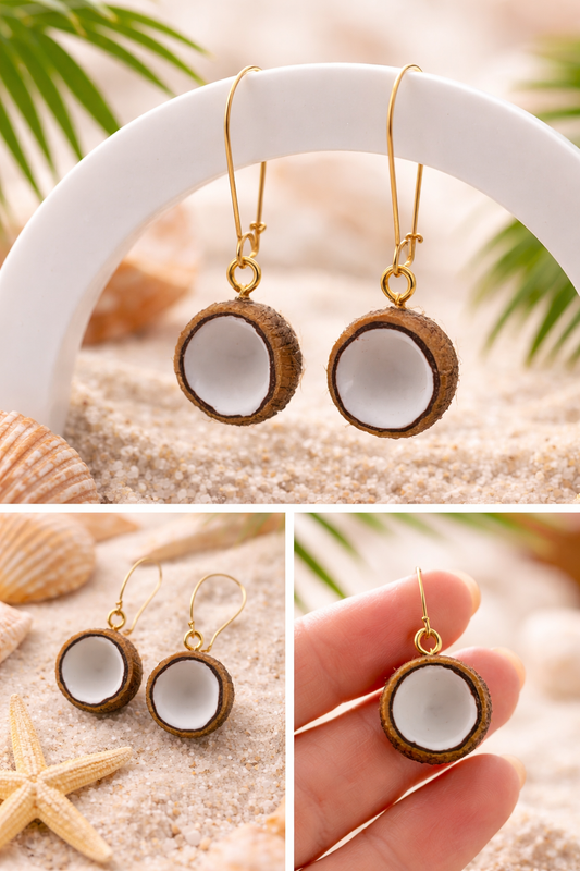 Kokosnuss Ohrringe Gold – Tropische Boho Hänger mit Edelstahl Haken