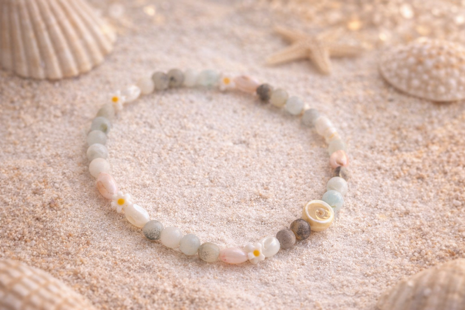 Handgemachtes Damenarmband mit Süßwasserperlen und Natursteinen am Frauenarm, sommerlicher Look