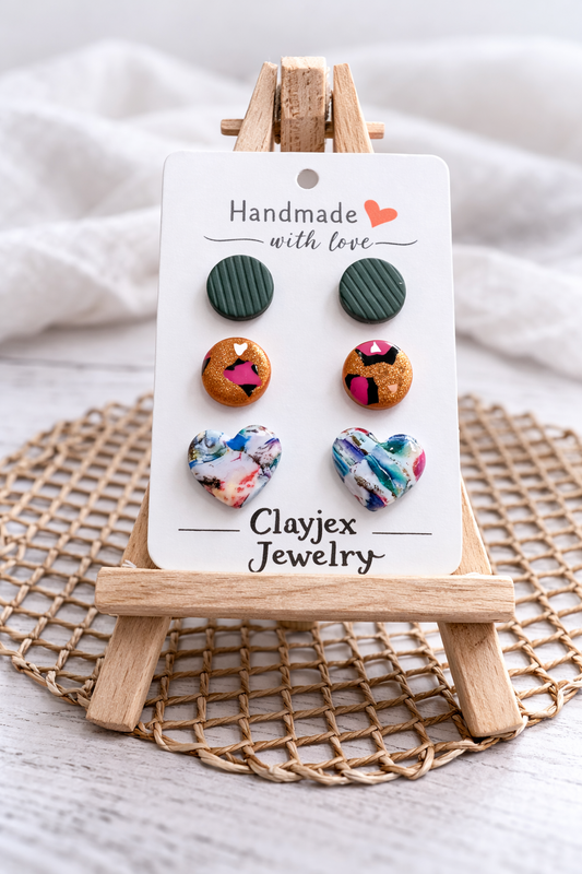 3er Set Herz Ohrstecker aus Polymer Clay – Handgemachte Ohrringe