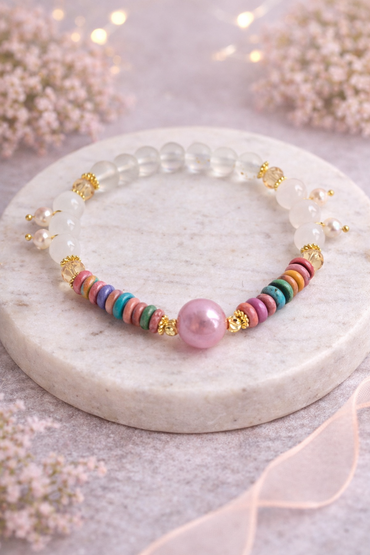 Handgemachtes Perlenarmband mit weißen Glasperlen, bunten Keramikperlen und goldenen Akzenten auf hellem Hintergrund