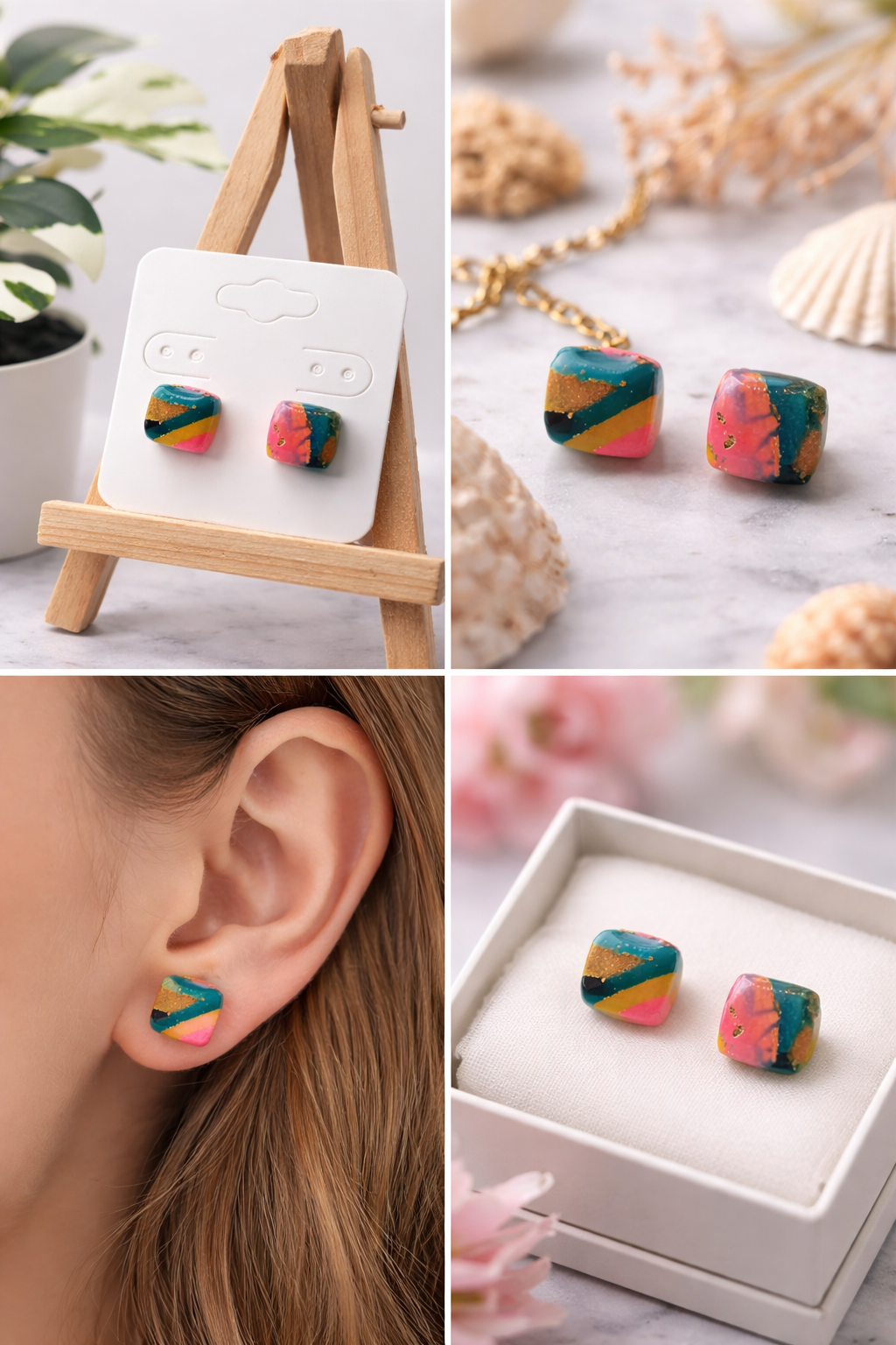 Handgemachte Polymer Clay Ohrstecker – Bunte Marmor Statement Ohrringe mit Goldakzent