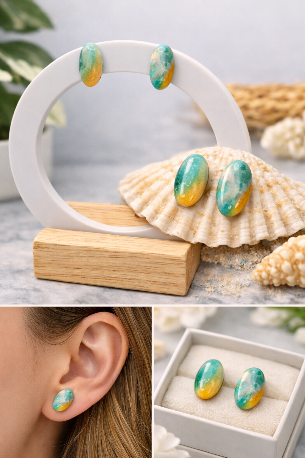 Marmorierte Polymer Clay Ohrstecker – Handgemachte Türkis Gelb Statement Ohrringe