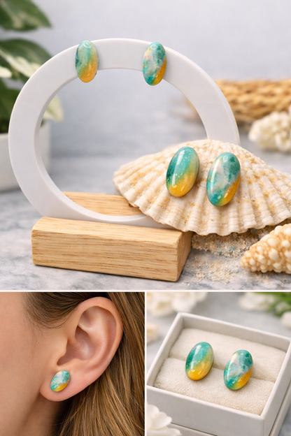 Marmorierte Polymer Clay Ohrstecker – Handgemachte Türkis Gelb Statement Ohrringe