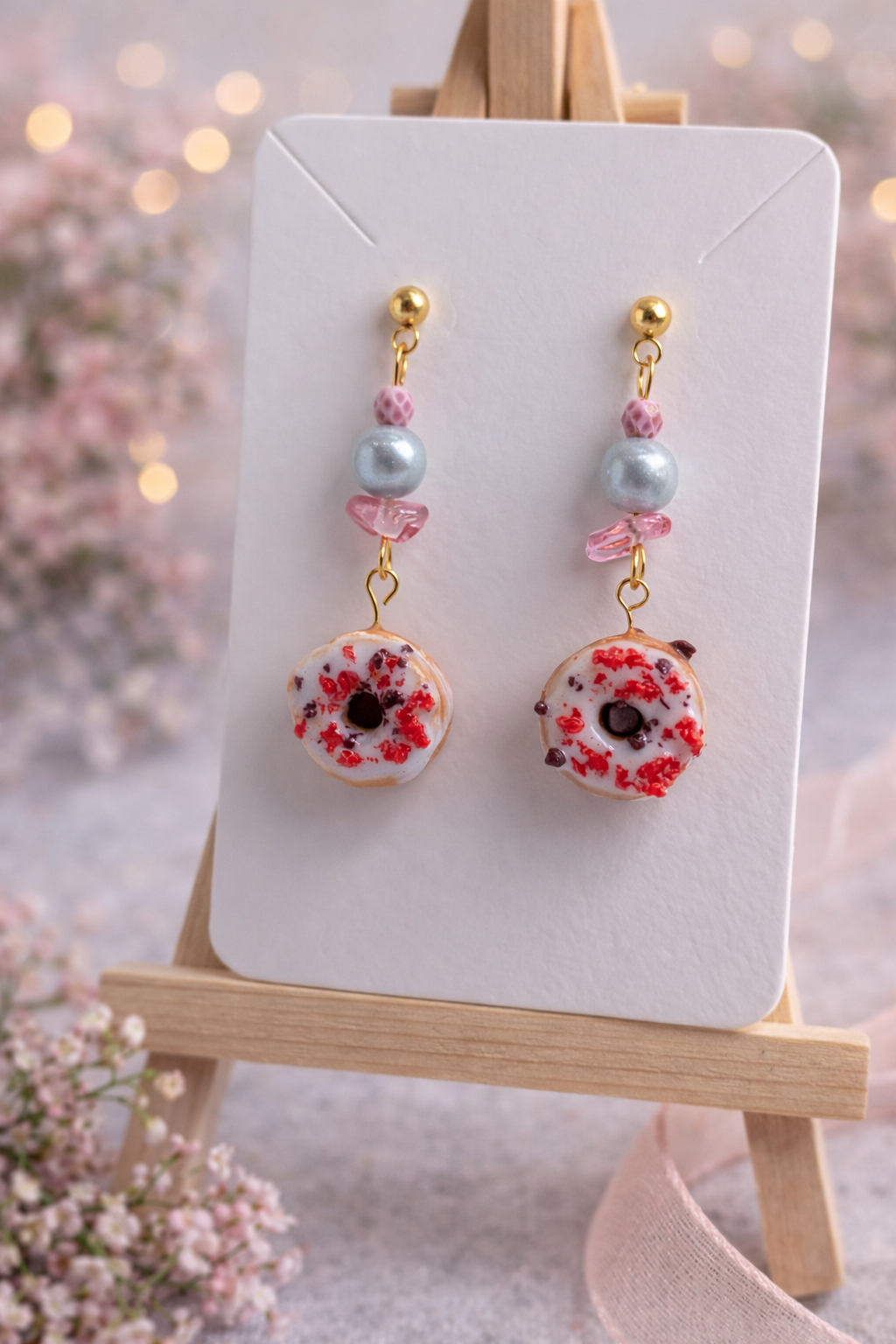 Donut Ohrringe aus Polymer Clay – Süße Statement Ohrhänger mit Perlen & Gold | Handgemachter Schmuck