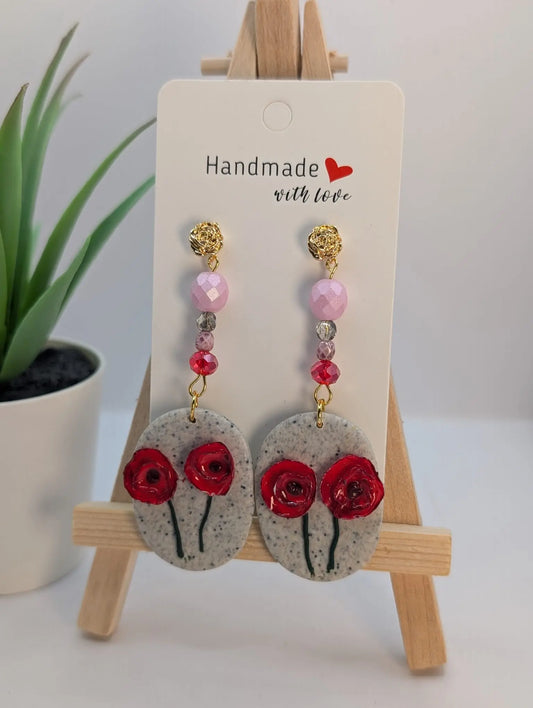 Herbstliche Mohn Blumen Ohrringe aus Polymer Clay /Mit Perlen in 24K Vergoldet 