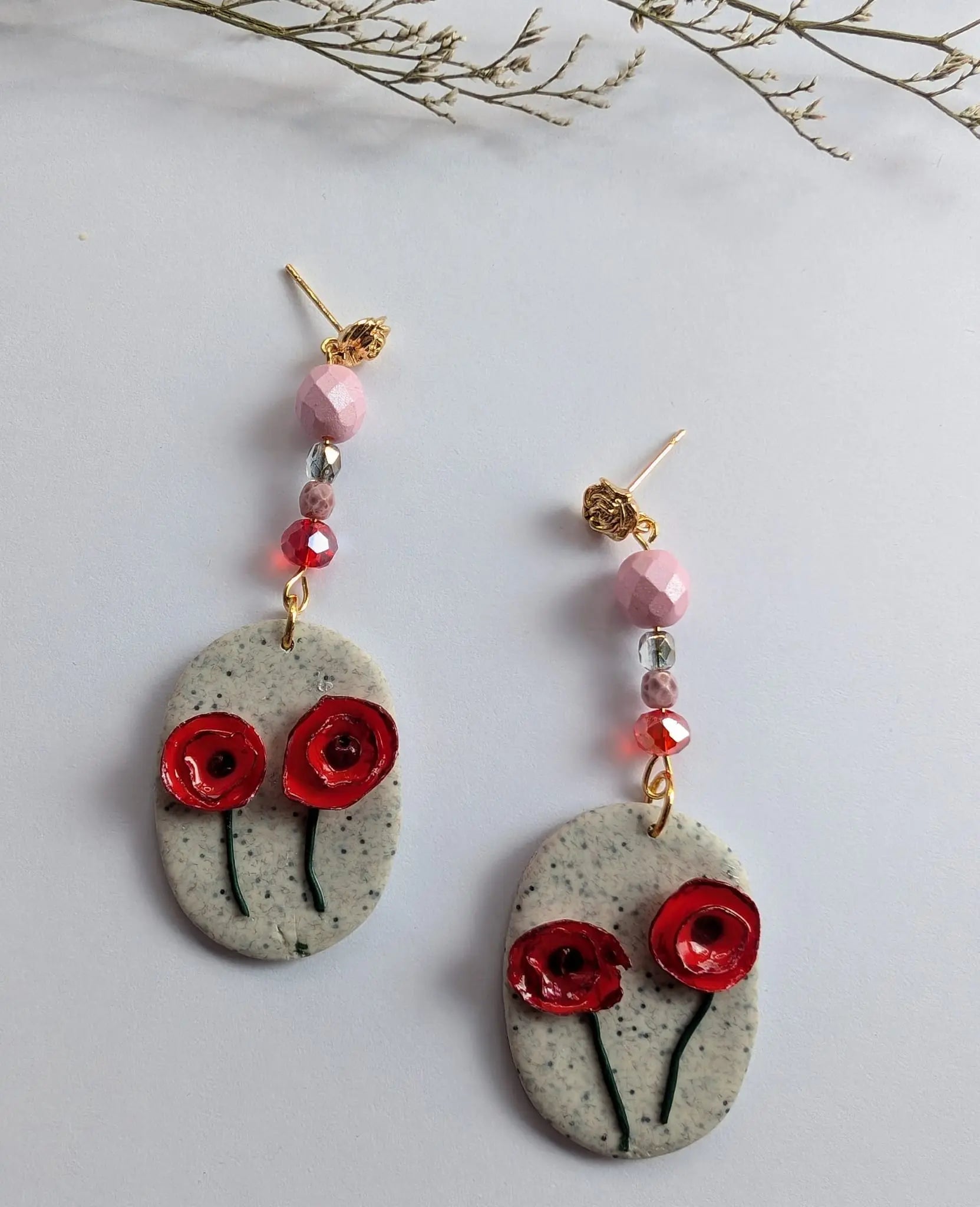 Herbstliche Mohn Blumen Ohrringe aus Polymer Clay /Mit Perlen in 24K Vergoldet 
