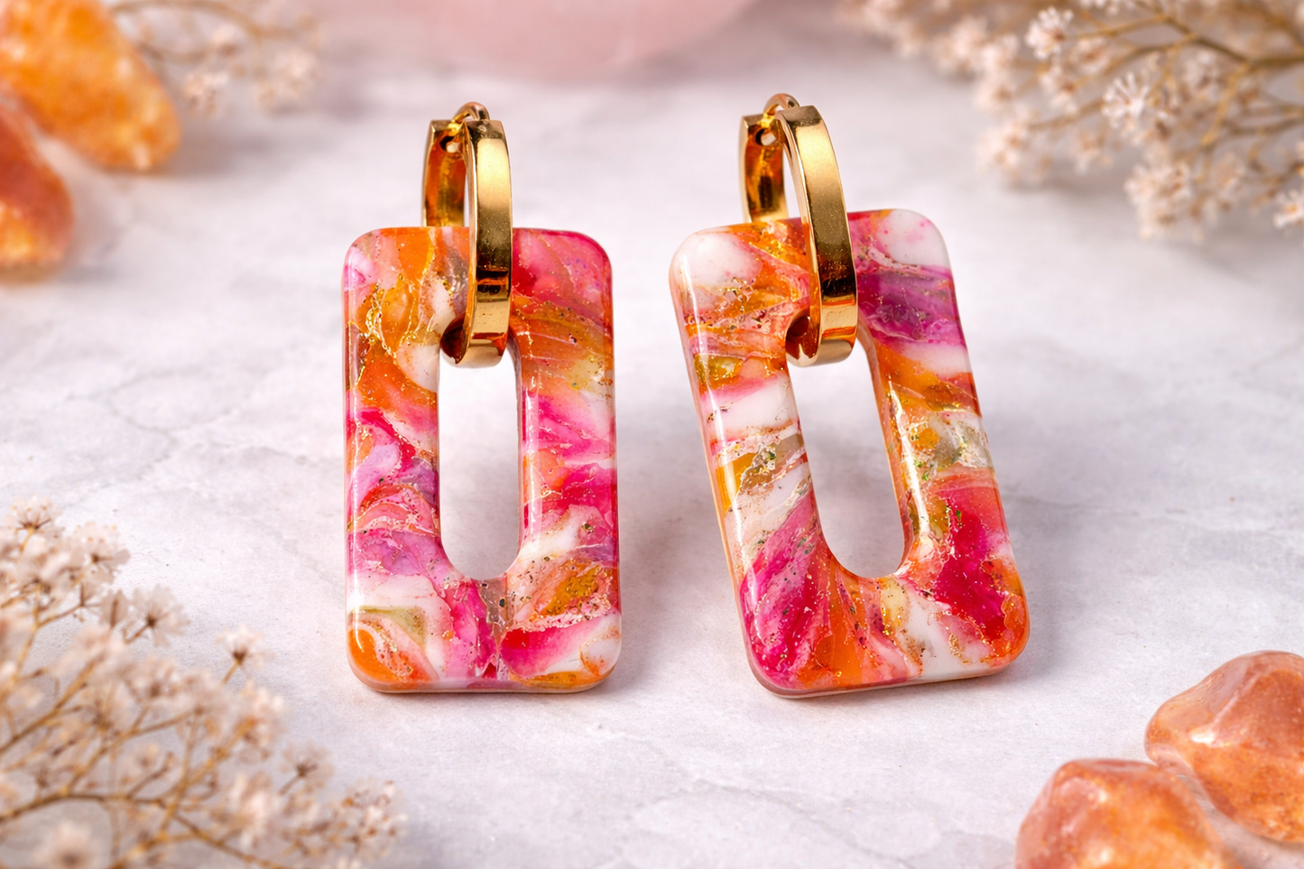 Bunte Polymer Clay Statement Ohrringe – Rechteckige Hänger in Gold oder Silber | Handmade