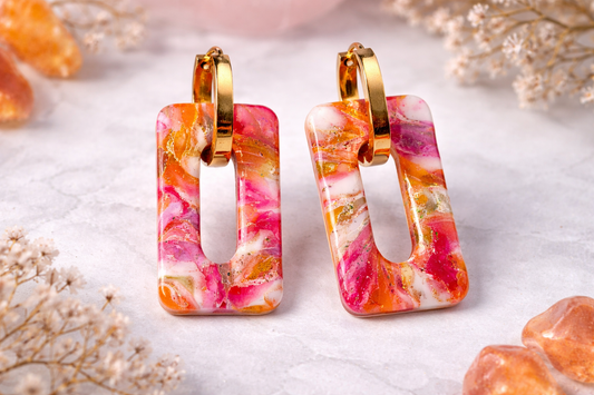 Bunte Polymer Clay Statement Ohrringe – Rechteckige Hänger in Gold oder Silber | Handmade