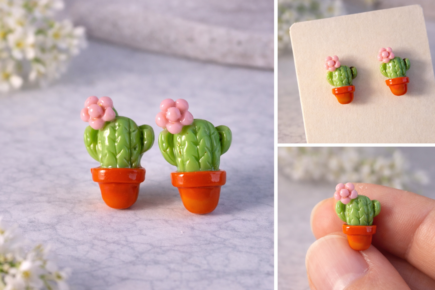 Kaktus Ohrringe mit Blume – Polymer Clay Schmuck