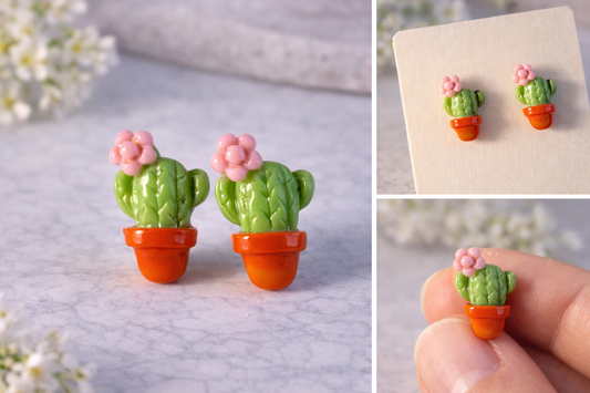 Kaktus Ohrringe mit Blume – Polymer Clay Schmuck