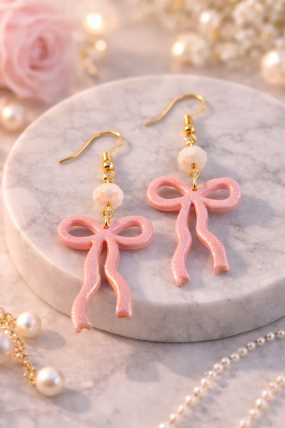 Schleifen Ohrringe handgemacht – Polymer Clay Hänger in rosa